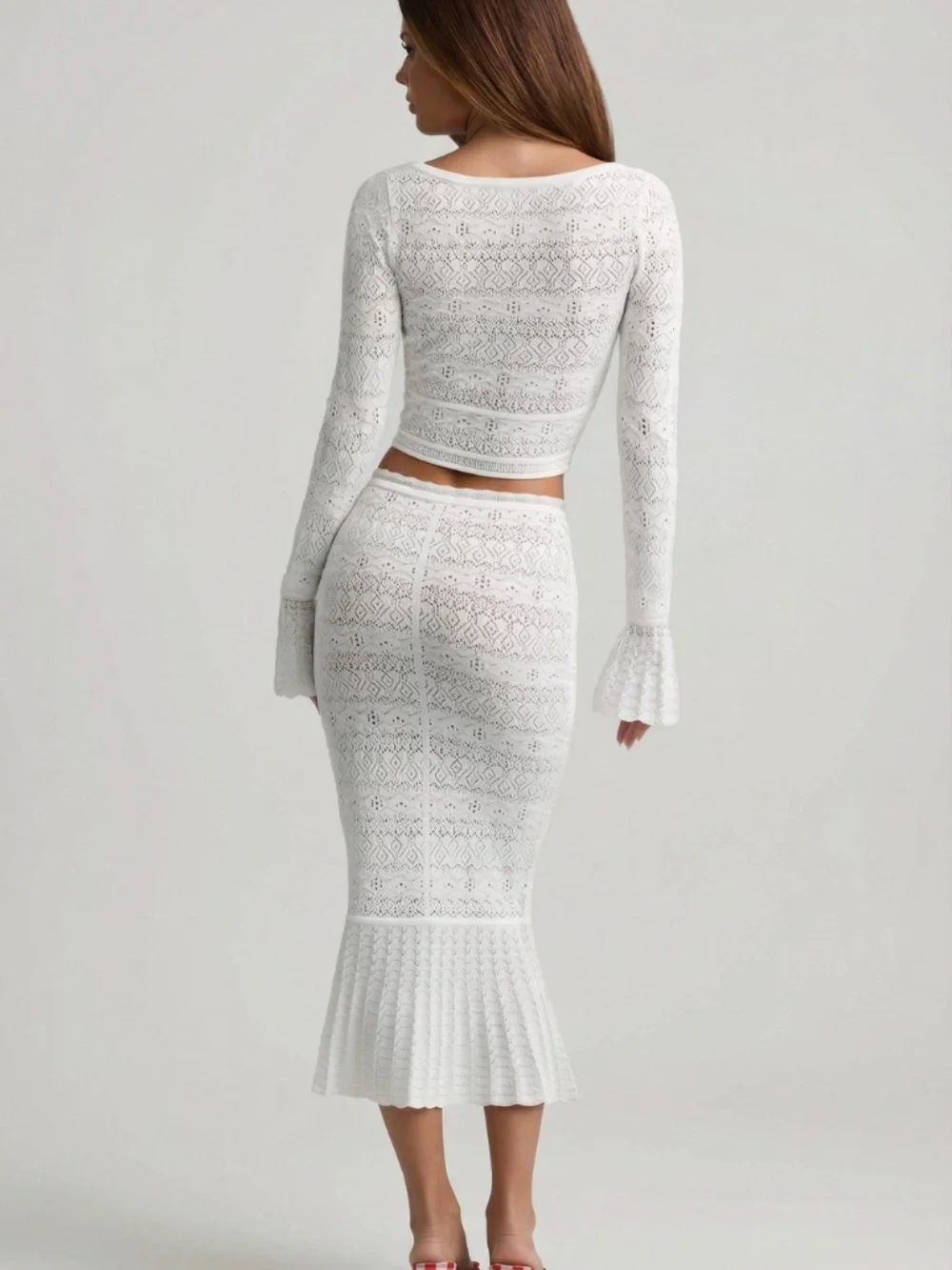 Oh Polly Ruffle-Trim Pointelle-Knit Midaxi Skirt in White Size SS